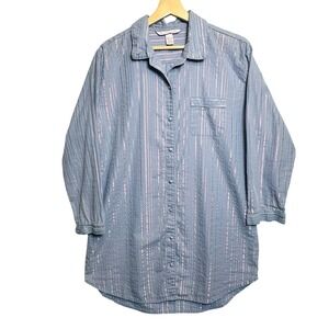 Victoria's Secret Sleep Shirt Women Large Blue Pink Metallic Stripe Seersucker